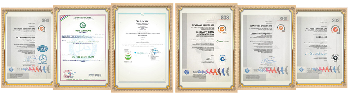 certificate of RITA beverage manufacturer