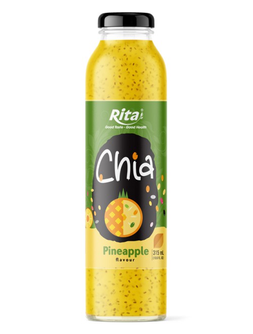10.6 fl oz glass bottle adding chia seeds to fresh pineapple juice 1